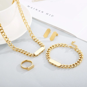 Stainless Steel Necklace Bracelet Ring Earrings Cuban Link Chain Rectangular Tag Plate Fashion Jewelry For Women