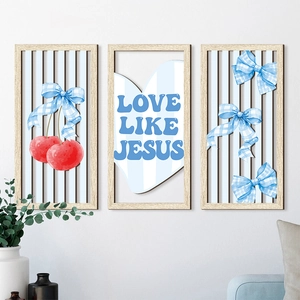Three-piece wooden wall art set with blue bows and cherry patterns for room decor