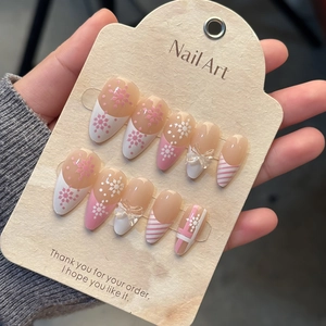 Press On Nails Winter Snowflakes 3D Bows Almond Shape French Style Pink White Sweet Artificial False Nails