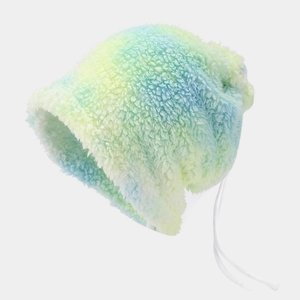 Macro detail of thick tie-dye plush faux fur bucket hat with white adjustable drawstrings