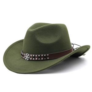 Detail of dark green felt cowboy hat with leather band and metal gear emblem