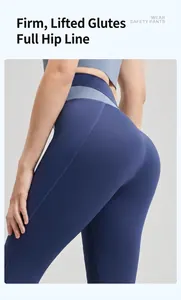 Detalle de mallas de yoga de talle alto con costuras bicolor y ajuste moldeador