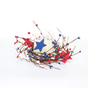Patriotic red white and blue berry candle ring wreath with a glass holder for 4th of July