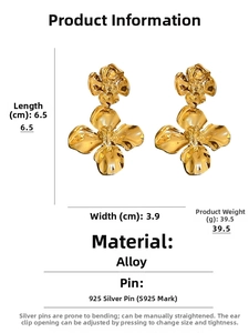 Macro detail of gold flower earrings showing 6.5x3.9cm size and S925 silver needle marks
