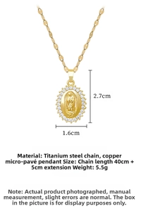 Detail showing gold Virgin Mary pendant with oval zircon micro-inlays and titanium chain