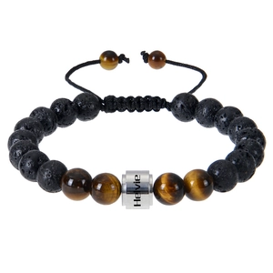 Close-up of braided bead bracelet with tiger eye stones and engraved silver metal tube