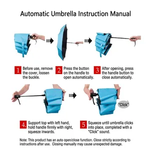 Blue automatic folding umbrella showing step-by-step opening and closing instructions