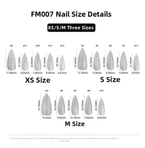 Detailed size chart for French red press-on nails showing XS, S, M measurements in mm