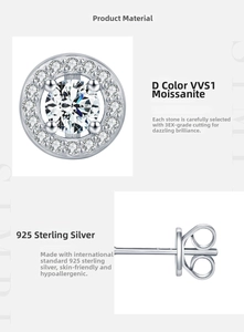 Detailed close-up of D color VVS1 Moissanite stud earrings in 925 sterling silver