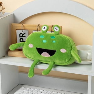 Cute plush frog pencil case with long limbs on a desk, large capacity stationery bag