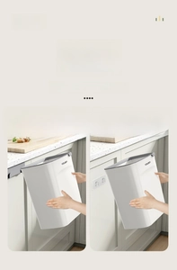 Kitchen hanging trash can with dual installation: cabinet hook and adhesive wall mount