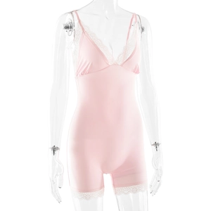 Pink lace bodysuit shaper with deep V-neckline and elastic fabric detail view
