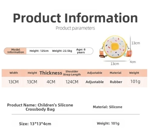 Detailed size specifications for yellow donut silicone kids crossbody bag with dimensions