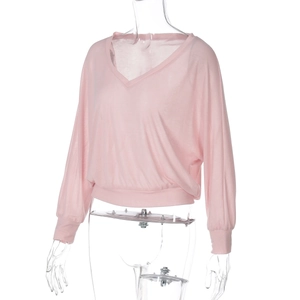 Close-up of pink V-neck sheer knit top showing detailed ribbed cuffs and hem texture