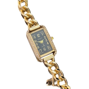 Elegant gold chain watch for women with rectangular rhinestone bezel and black sunray dial