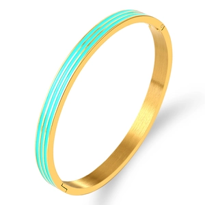 Titanium steel gold bangle with three teal enamel stripes and invisible clasp
