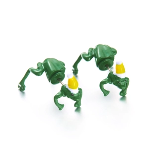 Detail showing creative green frog stud earrings wearing festive yellow Christmas hats