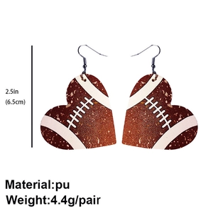 Heart-shaped American football patterned PU leather earrings with size measurements