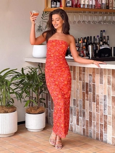 Robe Maxi Bustier Froncée Pour Femme Sexy Moulante Vacances D'Été Tube Polyester Élasthanne Imprimé Fleuri