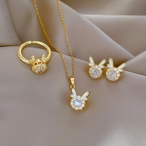 Gold Plated Stainless Steel Rabbit Pendant Necklace Stud Earrings And Ring Jewelry With Cubic Zirconia And Enamel