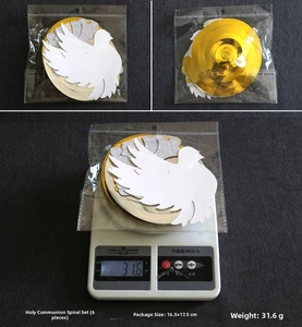Detail of 6-piece first communion decorations showing package size and product weight