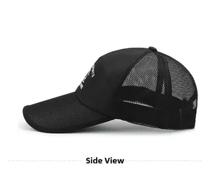 Side view of black mesh trucker hat with white sports logo and breathable fabric