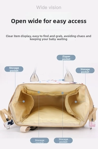 Interior detail of baby diaper bag with four side pockets and one central zipper pouch