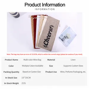 Linen Christmas wine bottle gift bags with Cheers text in various colors 15x35cm