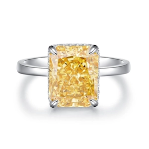 Luxurious S925 sterling silver ring with large radiant cut yellow zircon in 4-prong setting