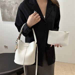 White lychee pattern bucket bag with printed silk scarf handle and matching pouch