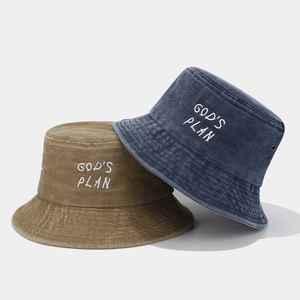 Chapeaux bob en coton délavé bleu et kaki avec broderie God's Plan pour le soleil d'été