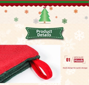 Detail of red linen Christmas stocking featuring green trim and a sturdy hanging hook