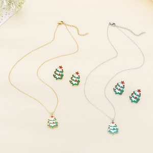 Parure de bijoux sapin de Noël avec colliers et boucles d'oreilles en émail doré et argent