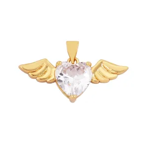 Macro view of gold-plated double heart pendant with white zircon and detailed dimensions