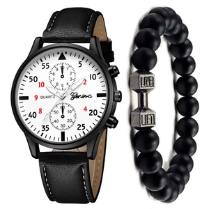 Quarzuhr-Set für Herren mit schwarzem Lederarmband und Hantel-Perlenarmband