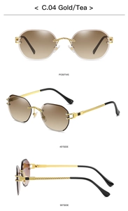 Three-angle views of rimless tea gradient sunglasses with decorative gold metal temples