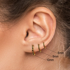 Three-piece gold S925 silver hoop earrings with black stones in 6mm, 8mm, 10mm sizes