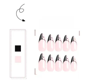 Detail of almond-shaped French press-on nails with black tip, white floral and purple rhinestones