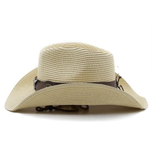 Detailed texture of woven straw cowboy hat with leather band and adjustable wind rope