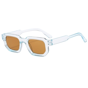 Modern square sunglasses with light blue transparent frames and brown tinted lenses