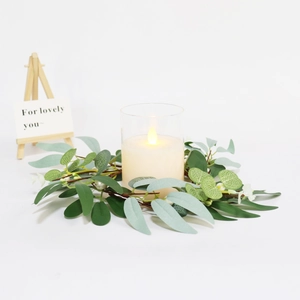 30cm Eucalyptus and willow candle ring with pearls and LED candle in glass cup