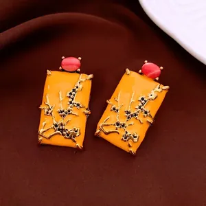 Vintage style square earrings with yellow enamel, gold floral relief and pink stone detail