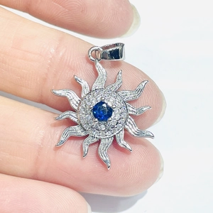 Silver sunflower pendant with blue zircon center and pavé white crystals for jewelry DIY