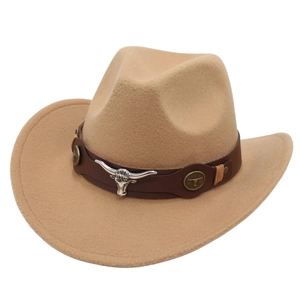 Khaki Western cowboy felt hat featuring a brown leather band with silver bull head ornaments