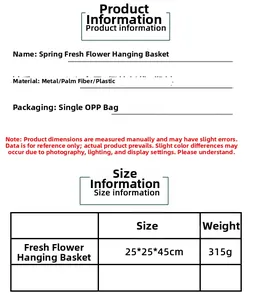 Size chart for spring flower hanging basket showing 25x25x45cm dimensions and materials