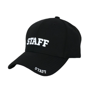 Classic black cotton baseball cap with white STAFF embroidery at 45-degree angle