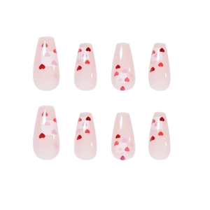Sweet pink long ballerina press-on nails with red heart patterns for Valentine's Day