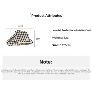 Detail of houndstooth fabric shark hair clip with white faux pearls and dimensions