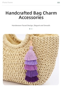 Detail of five-tier purple gradient tassel pendant on a woven straw handbag