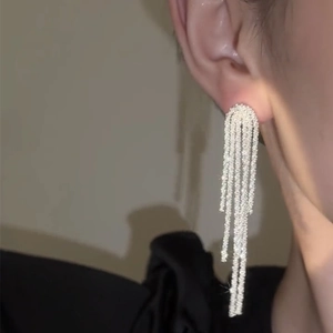 Elegant 925 silver long fringe tassel earrings with shimmering crystals for women